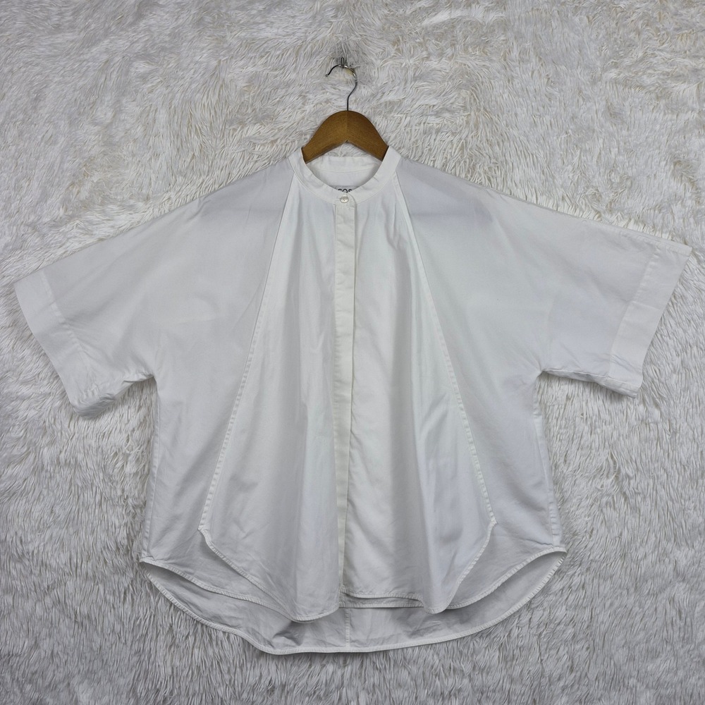 COS White Cotton Poplin Band Collar Oversized Short Sleeve Poplin Shirt US 10